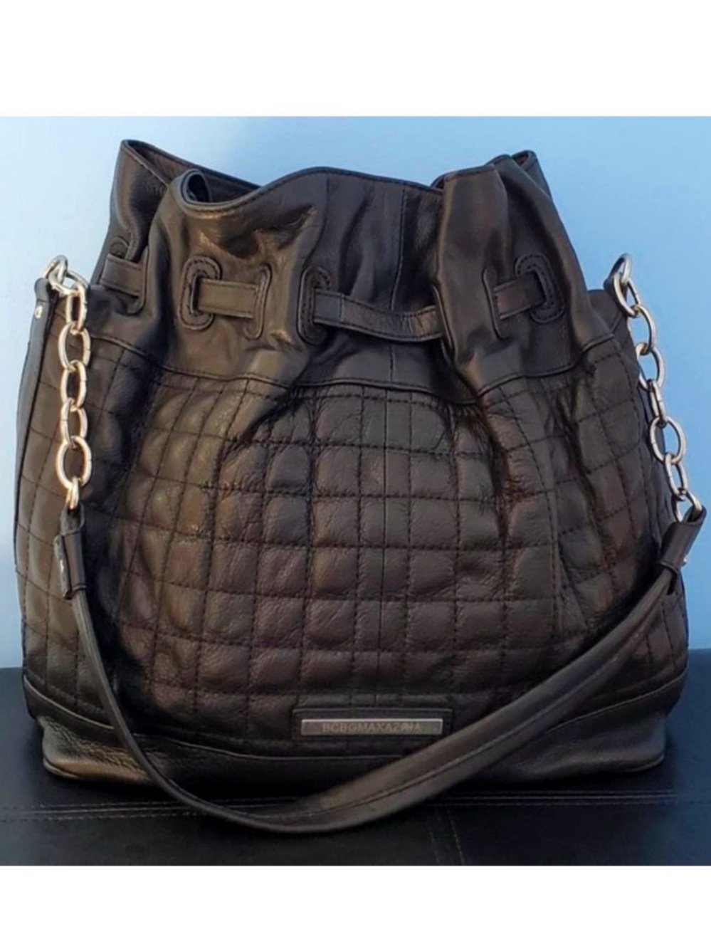 BCBGMaxAzria Black Quilted Leather Drawstring Hobo with Chain Strap